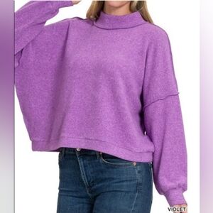 Zenana Brushed Melange Hacci Long Sleeve Sweater Mock Neck Relaxed Violet L/XL